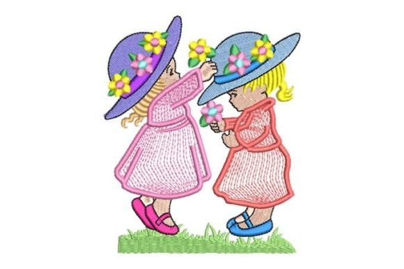 Girls with Hat Playing with Flowers: A Charming Embroidery Design