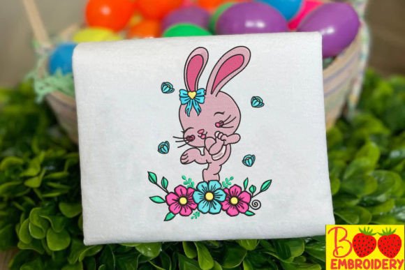 Pink Rabbit Dancing with Flowers Embroidery